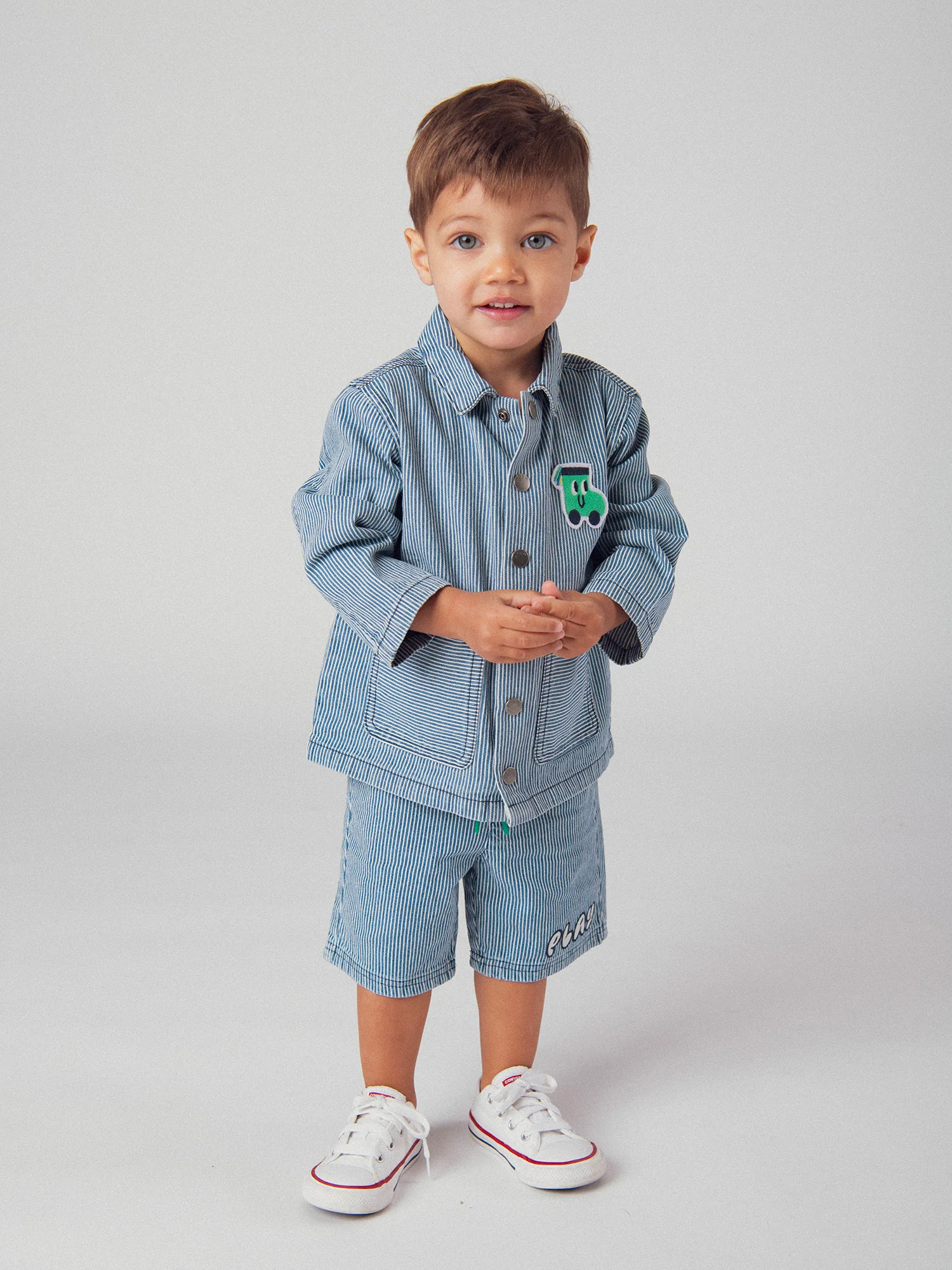 Bermuda en denim rayé "Play" Bleu et Écru pour bébé garçon - Image 3