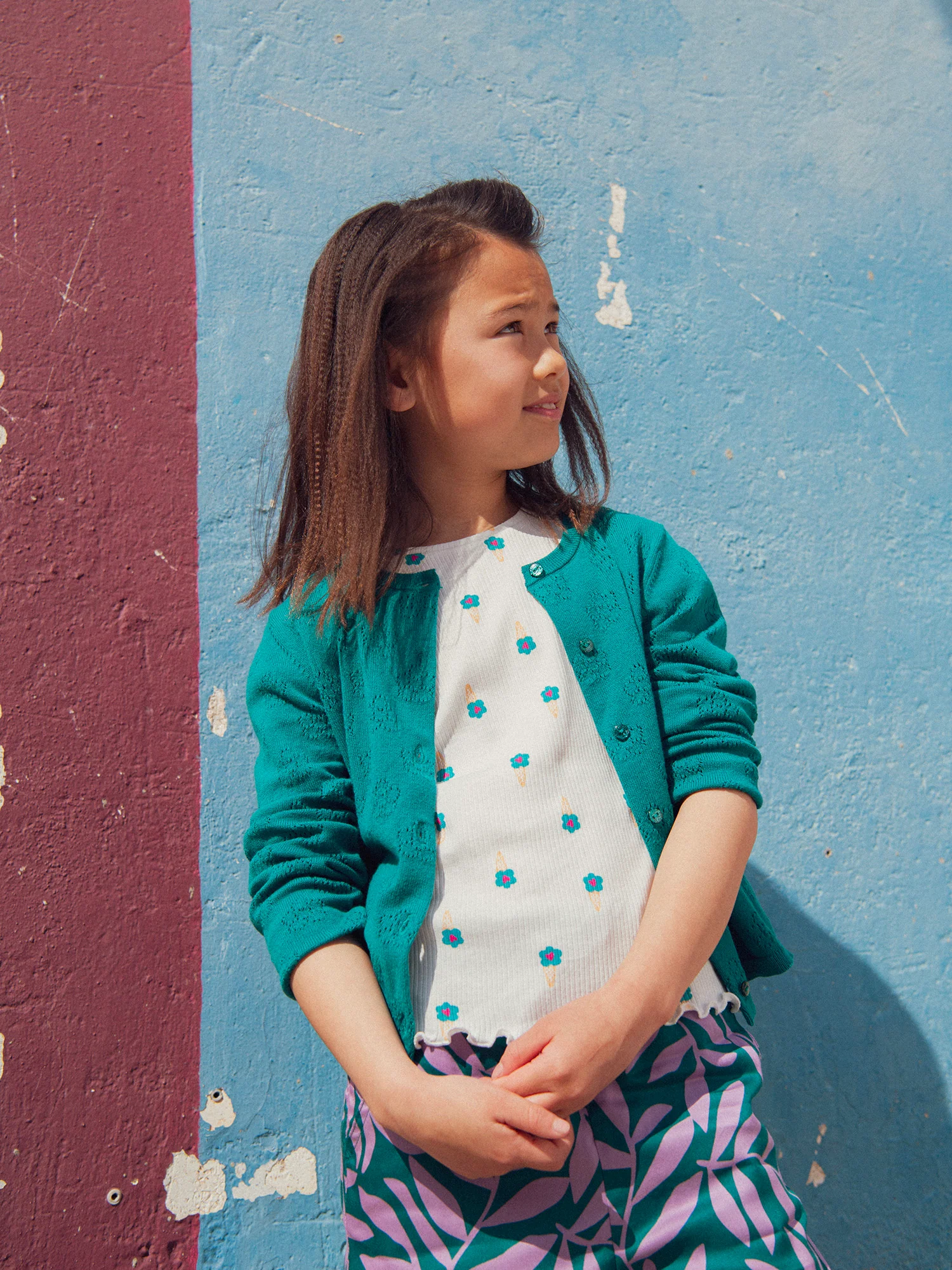 Cardigan vert en pointelle fleur pour fille - Image 3