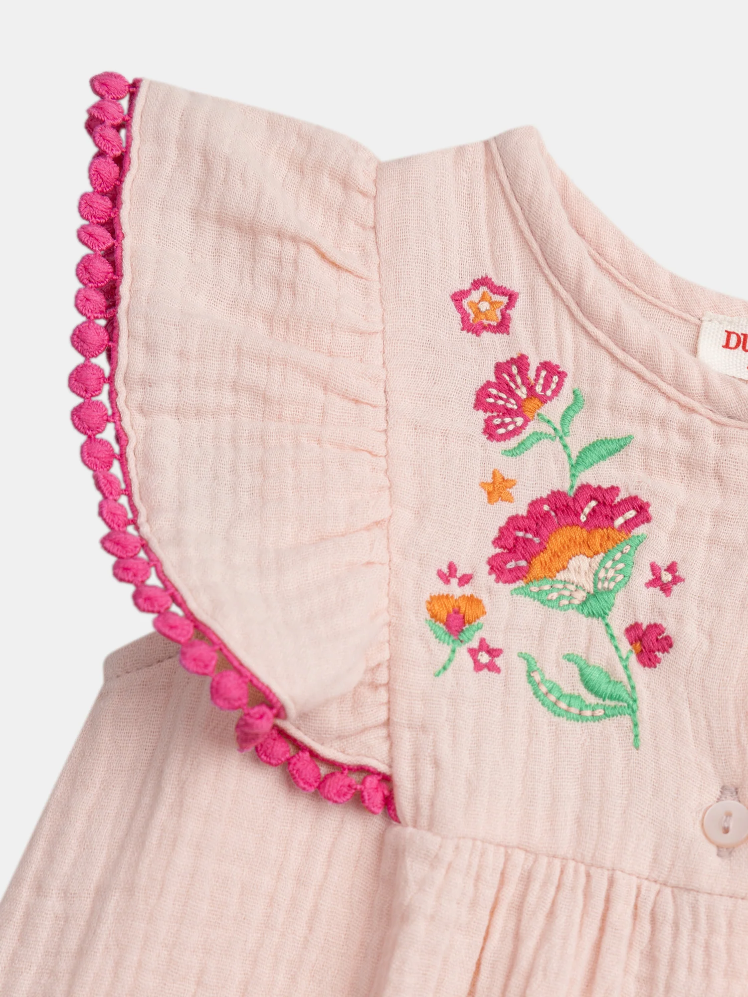 Combinaison à volants et broderie "FLEURS" rose poudré pour bébé fille - Image 5