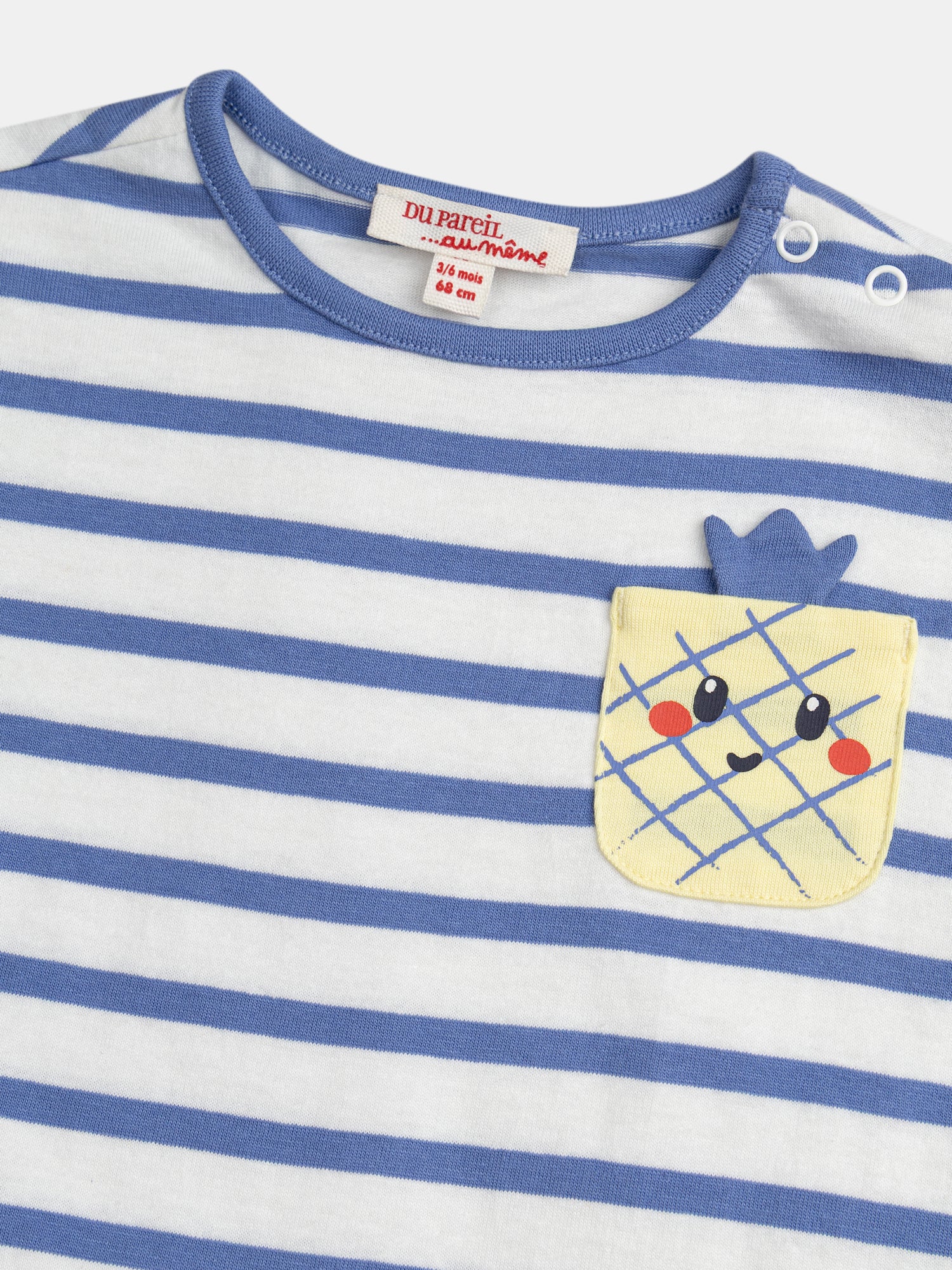 Combinaison bleu et blanc rayée avec poche ananas pour bébé garçon - Image 2