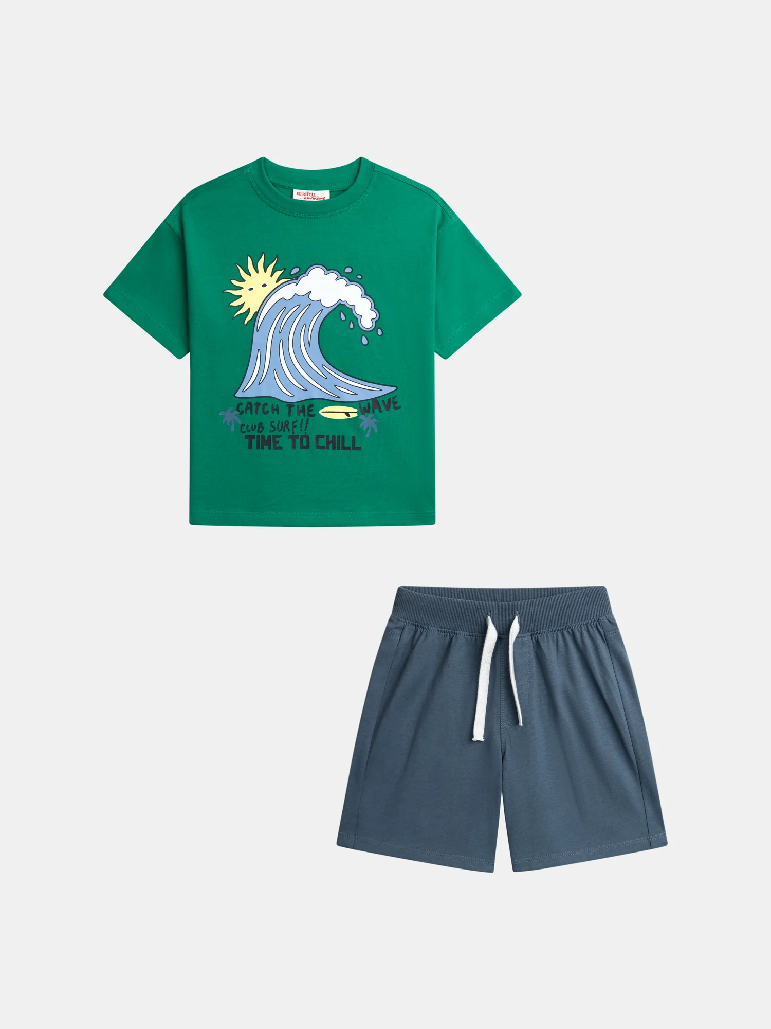 Ensemble t-shirt vert et short bleu foncé avec animation pour garçon
