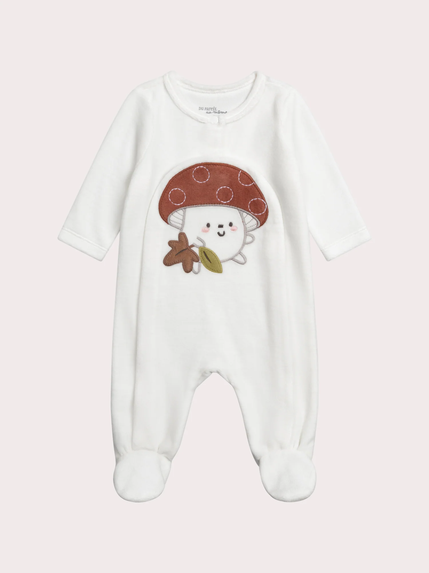 Grenouillère naissance en velours blanc motif champignon
