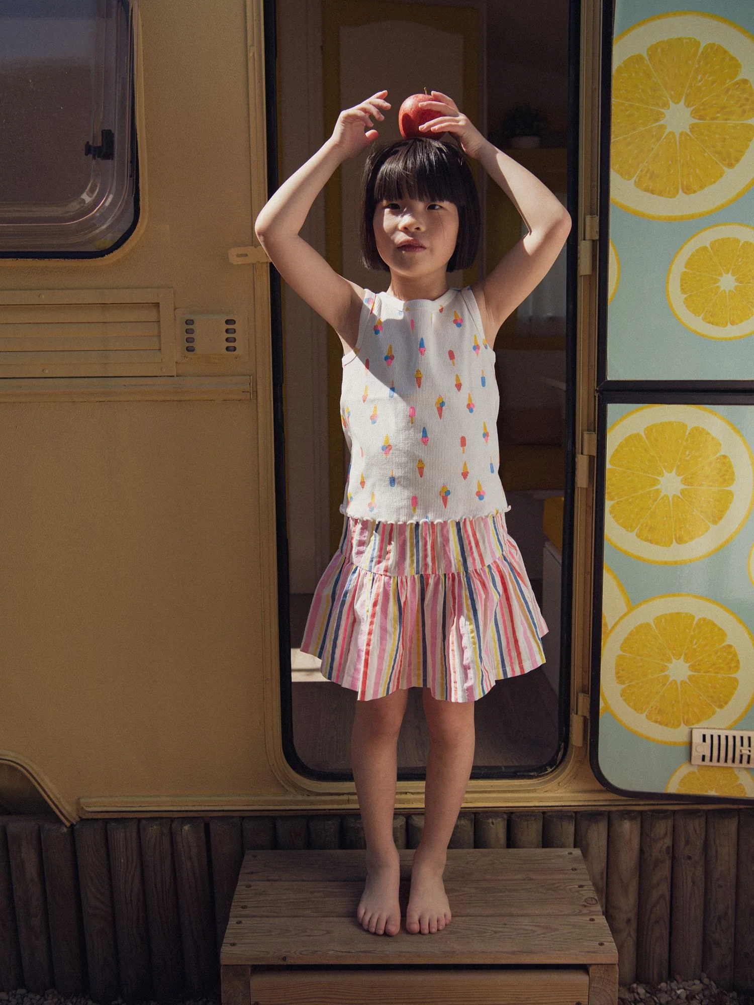 Jupe doublure short écrue rayures multicolores pour fille - Image 2