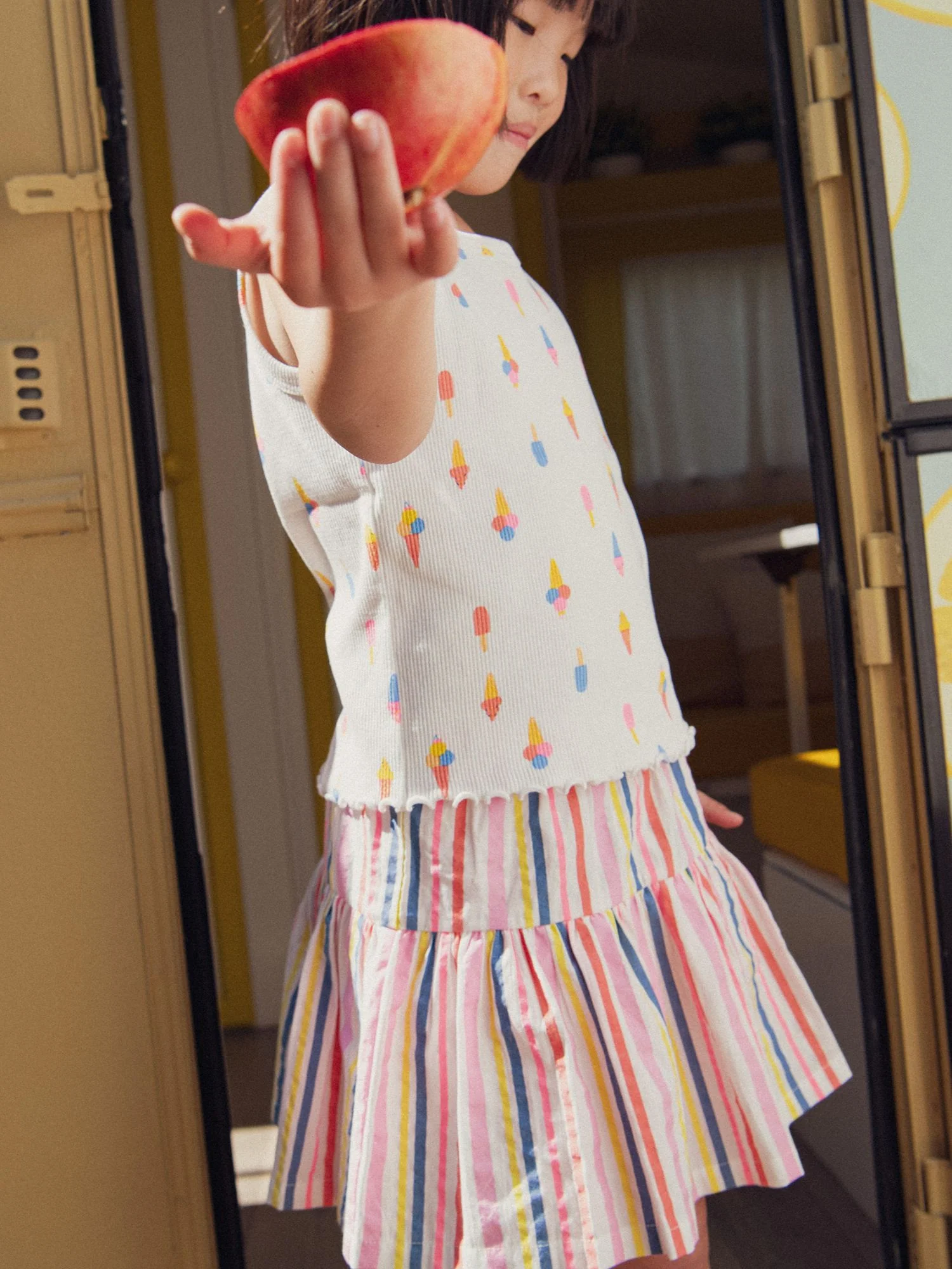 Jupe doublure short écrue rayures multicolores pour fille - Image 3