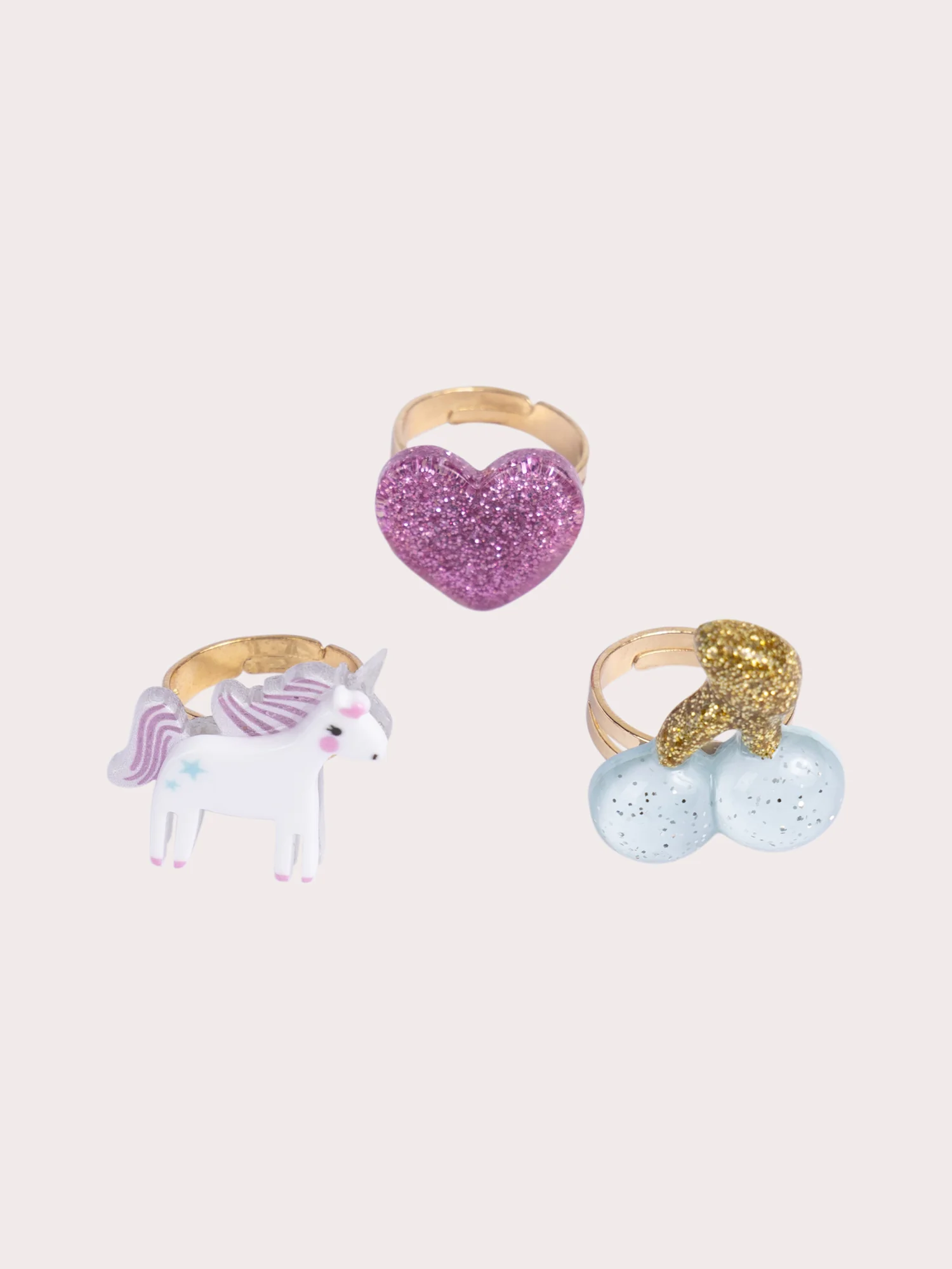 Lot de 3 bagues licorne, cœur et cerise fille