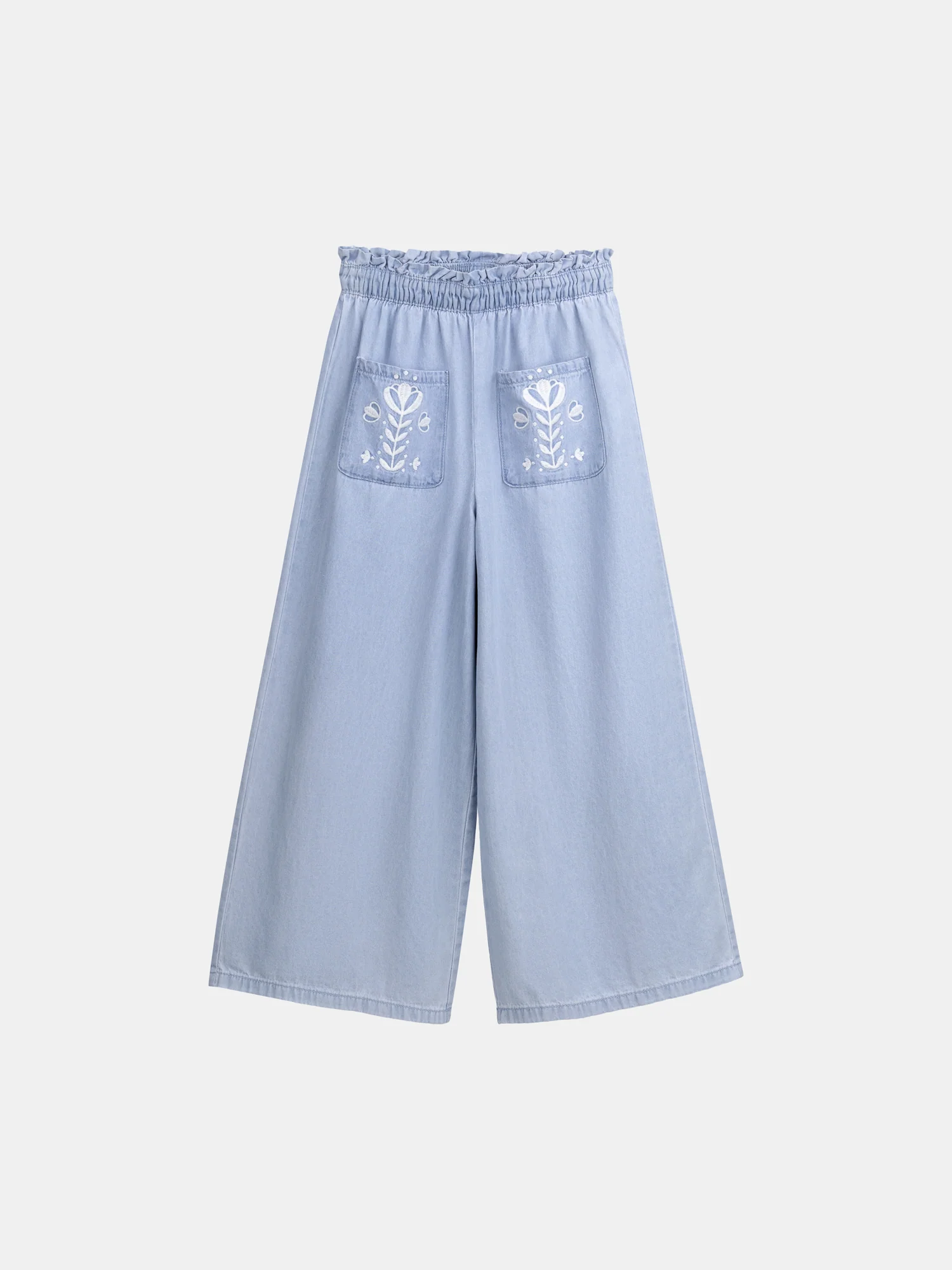 Pantalon bleu à broderies florales pour fille