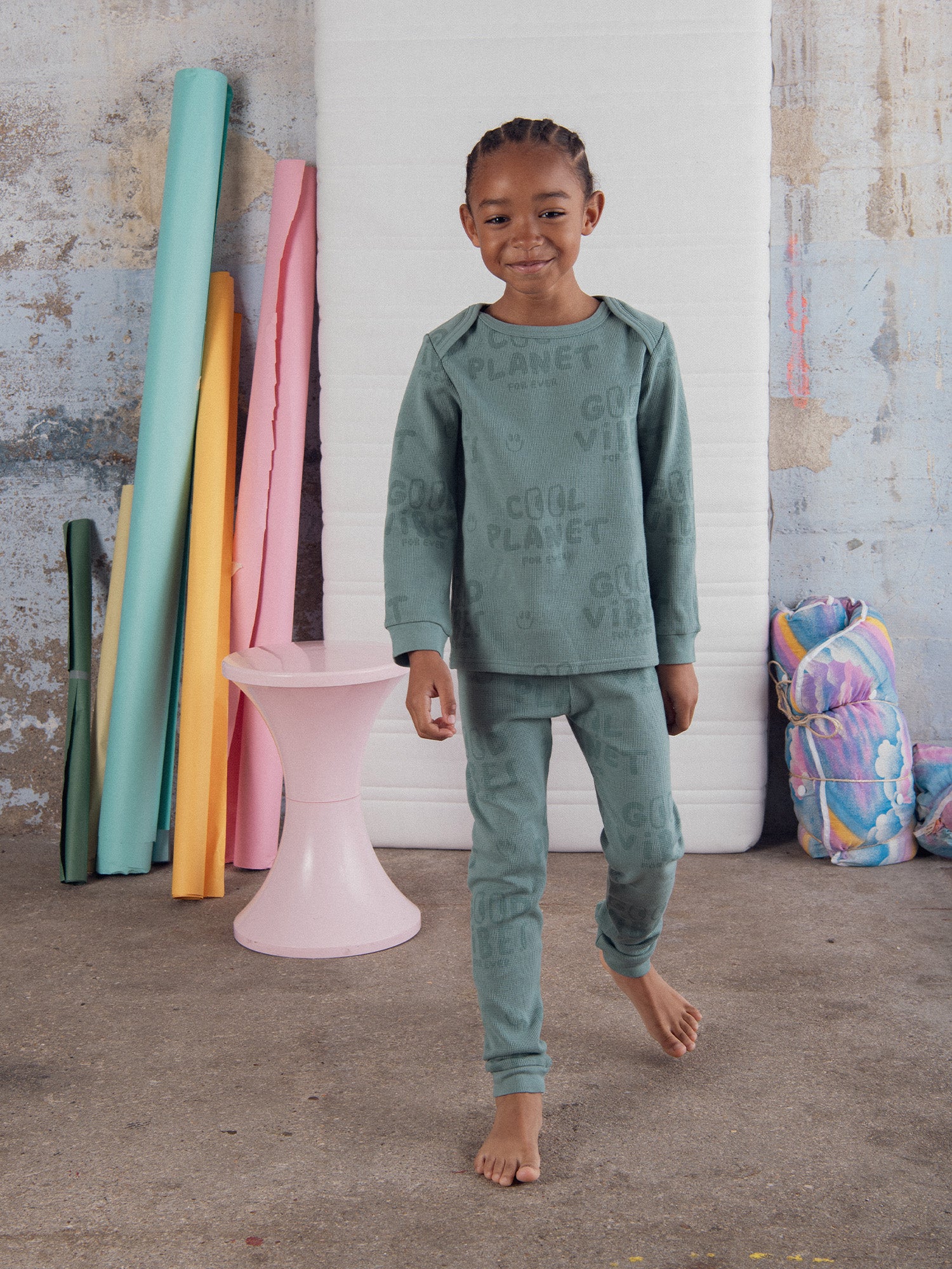 Pyjama vert "Good Vibes" en maille gaufrée pour enfant garçon - Image 2
