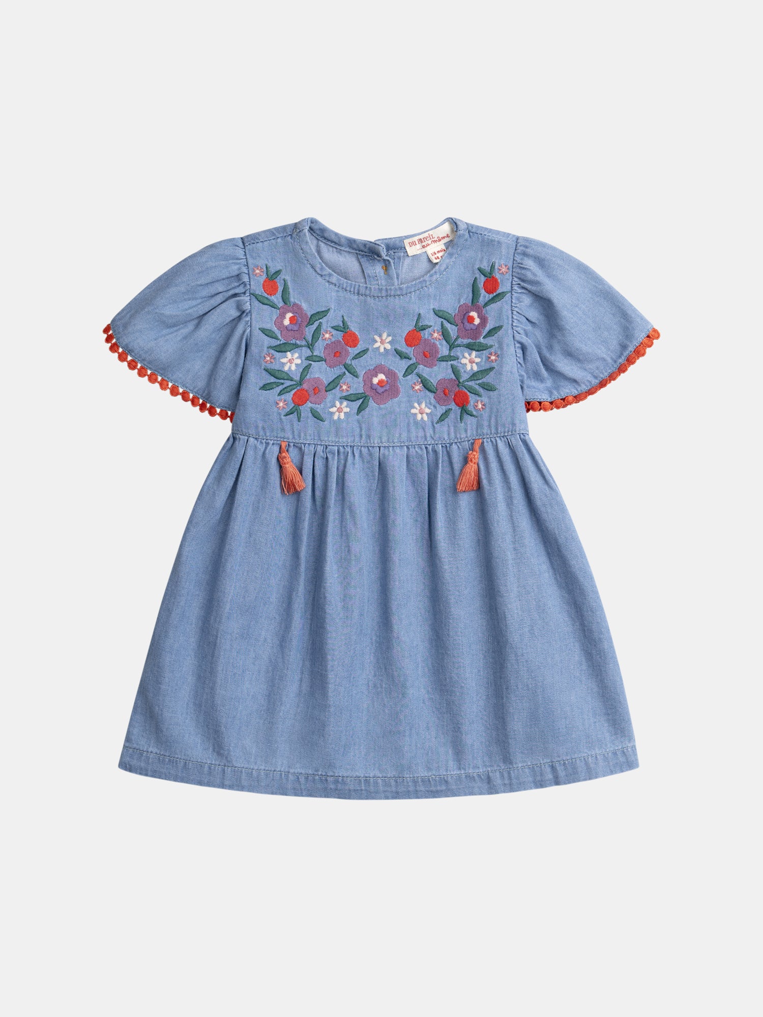 Robe en chambray brodée avec pompons pour bébé fille
