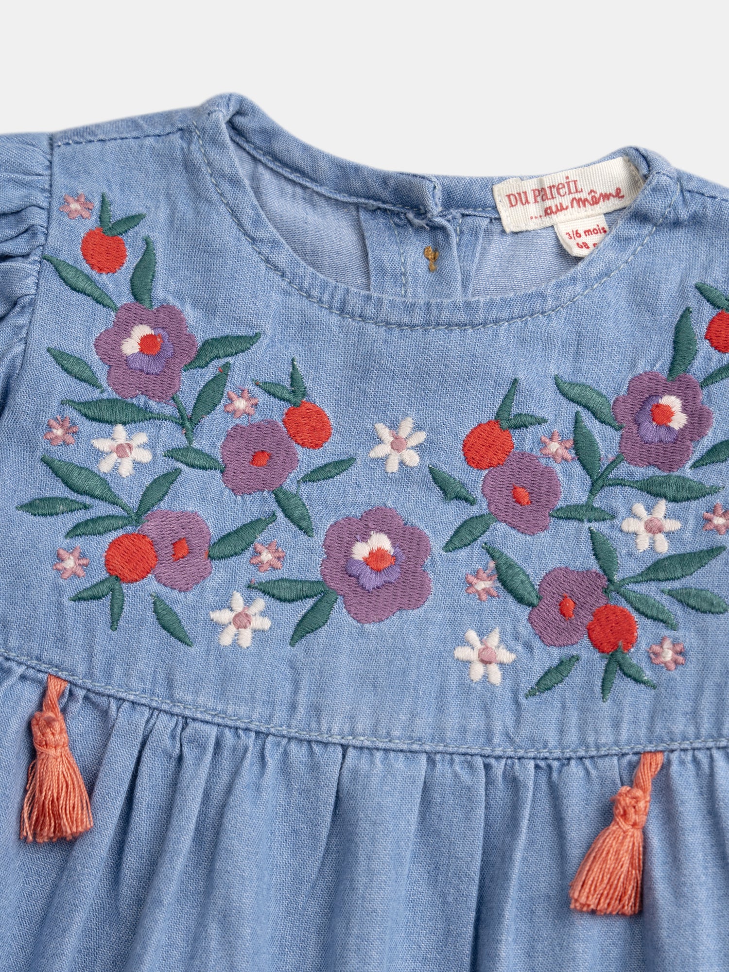 Robe en chambray brodée avec pompons pour bébé fille - Image 2