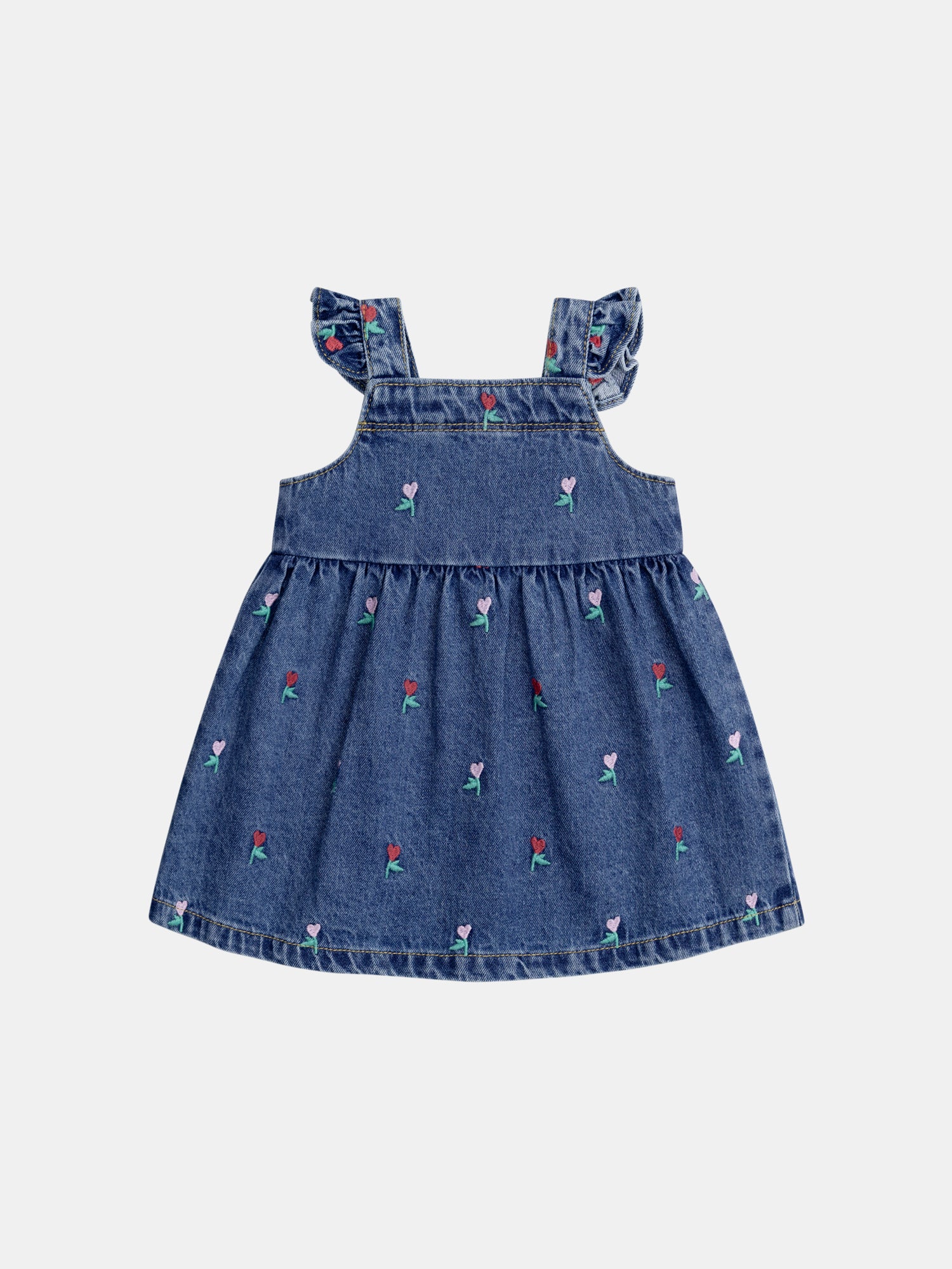 Robe en denim avec broderies fleurals-coeurs pour bébé fille - Image 3