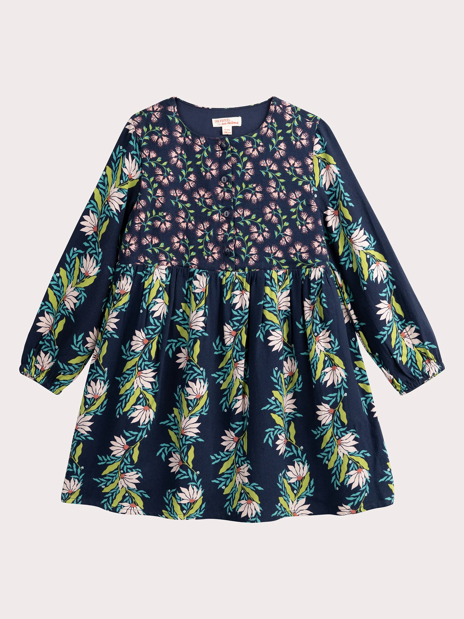 Robe marine imprimé façon patchwork fleuri pour fille