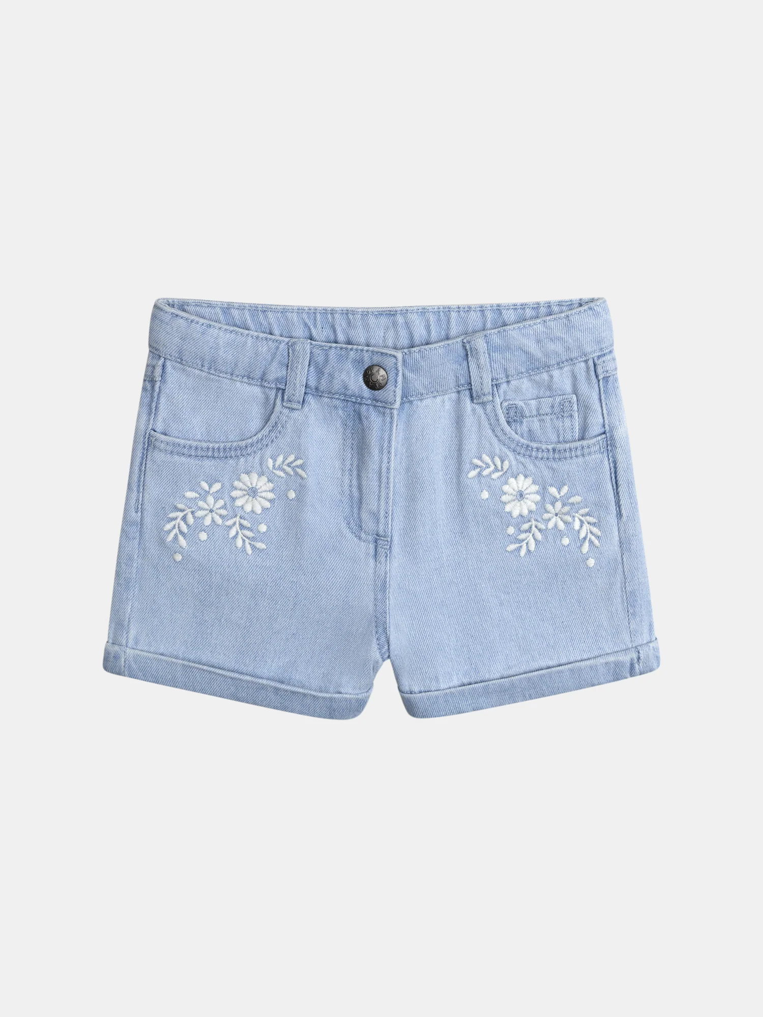 Short en denim bleu et broderie florales pour fille