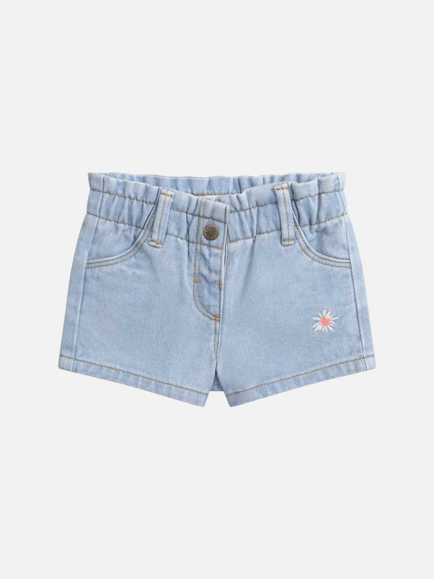Short en denim léger avec taille volantée et broderie fleur pour bébé fille