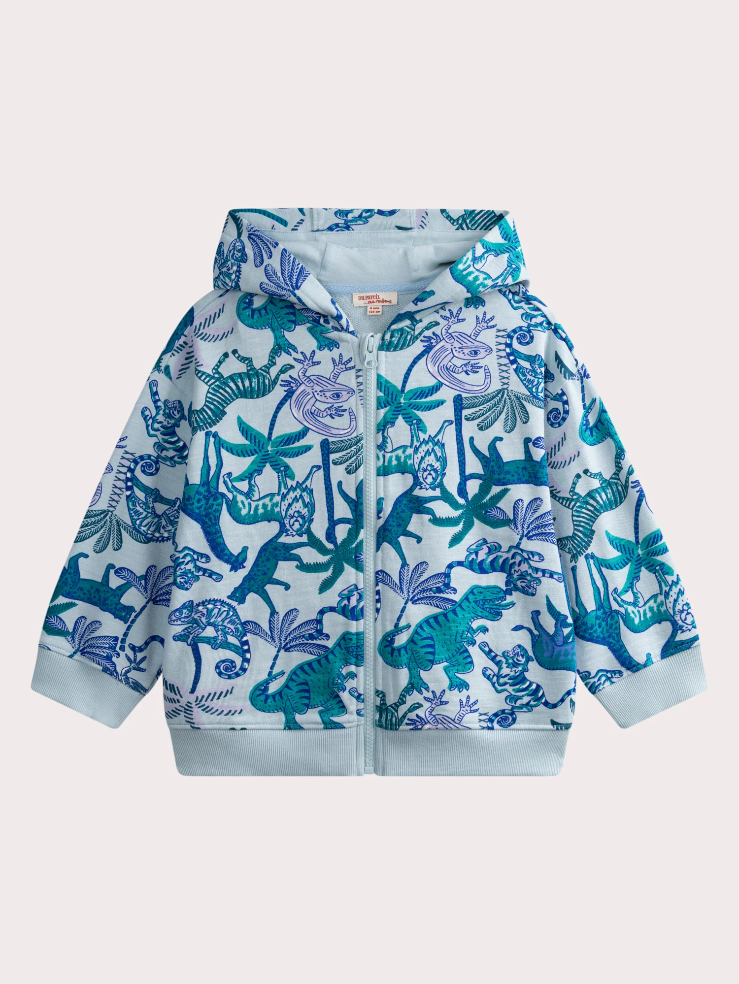 Sweat à capuche zippé bleu imprimé jungle