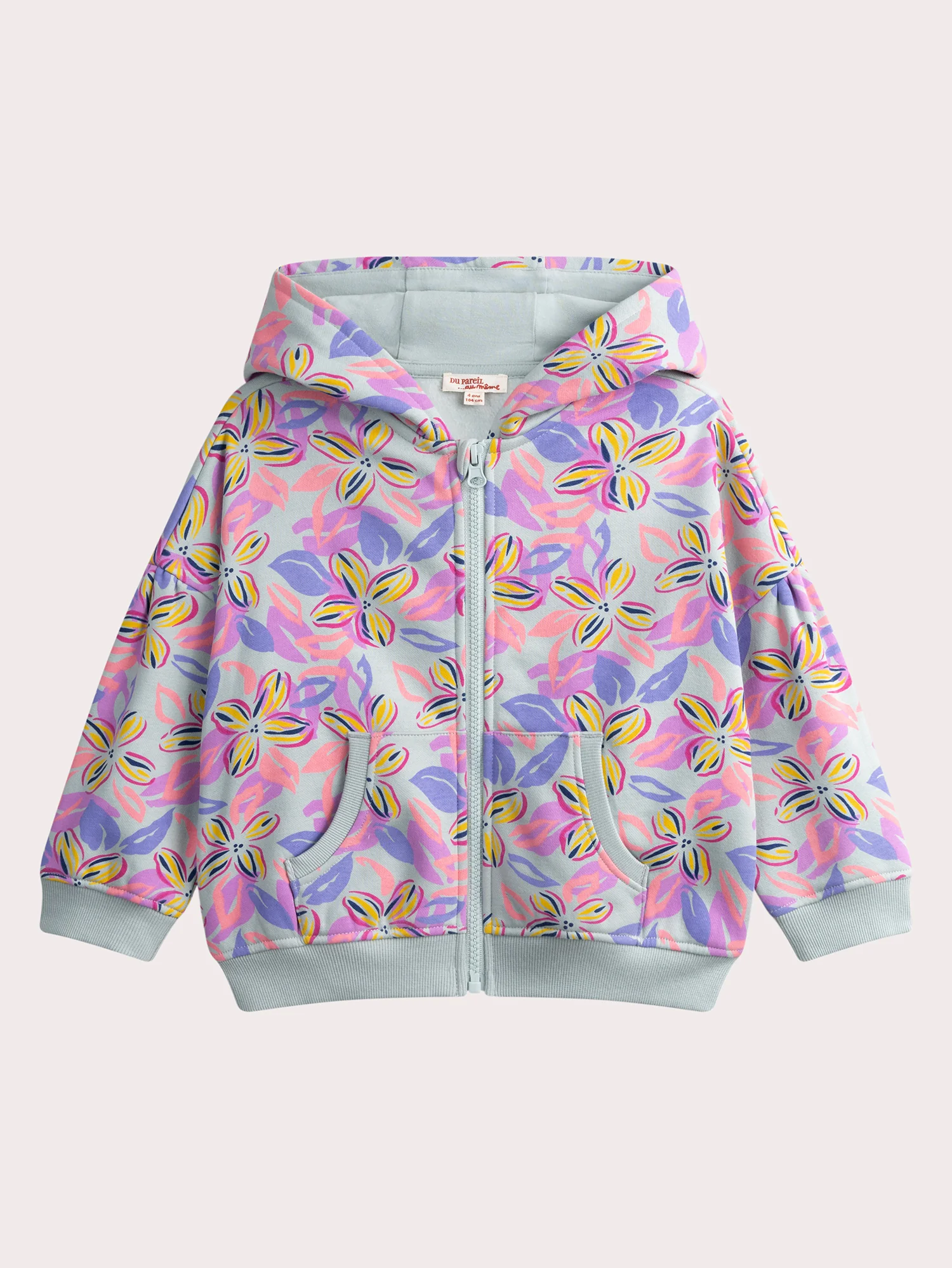 Sweat bleu zippé à capuche imprimé floral