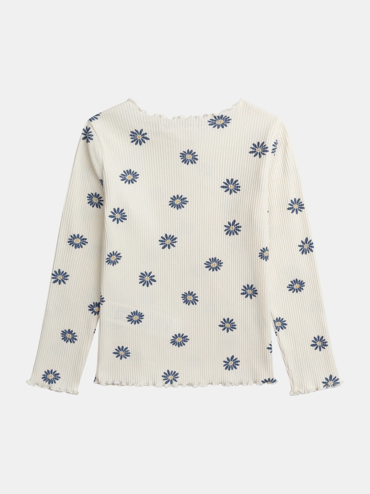 T-shirt à côte manches longues écru imprimé fleurs pour fille