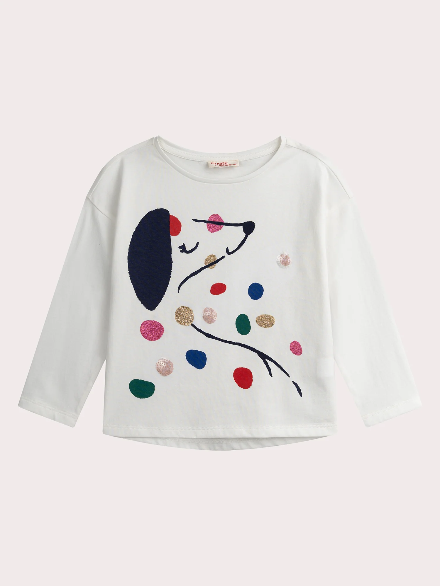 T-shirt blanc animation chien pailletés pour fille