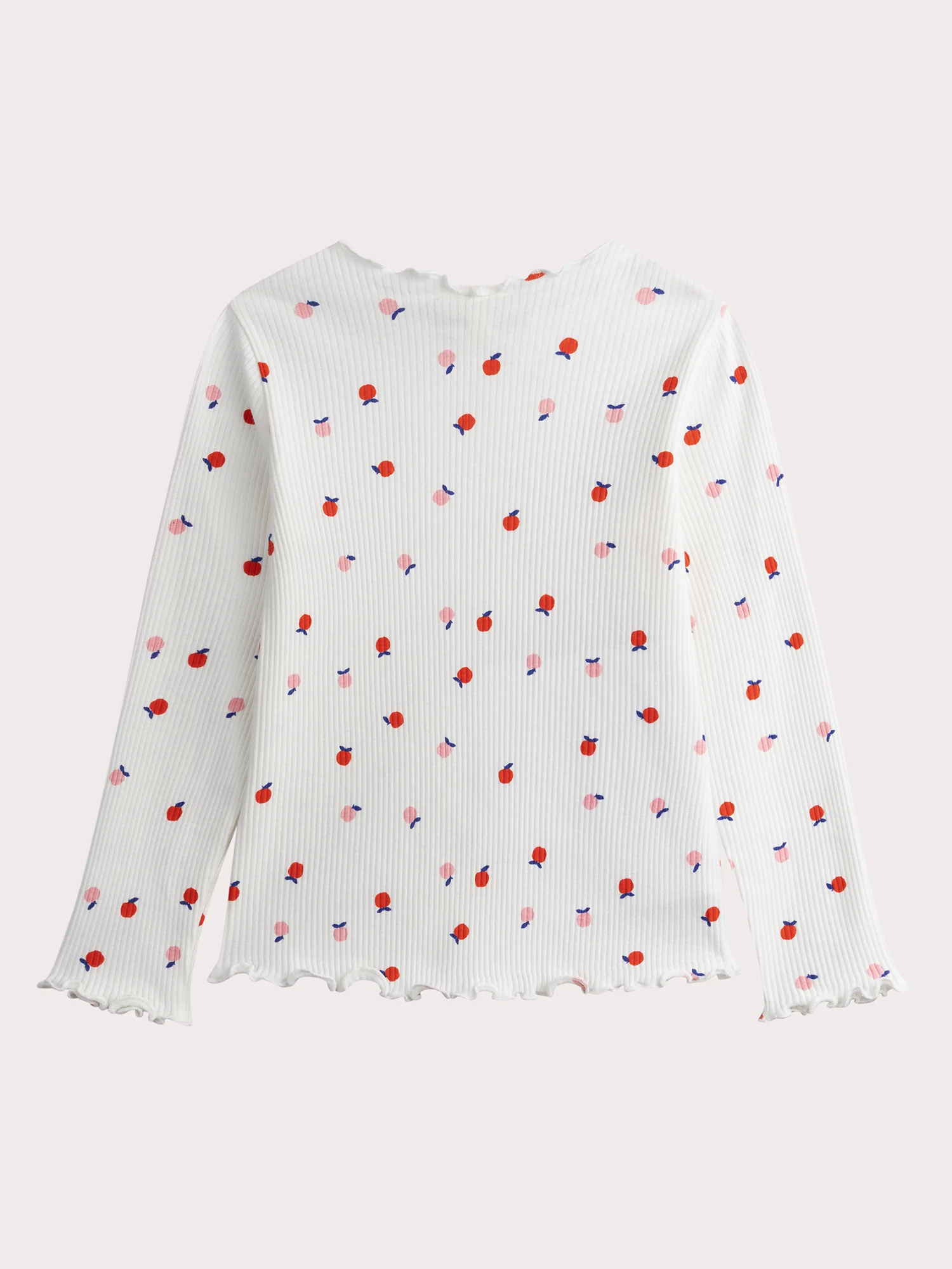 T-shirt blanc manches longues en côte imprimé pommes - Image 3