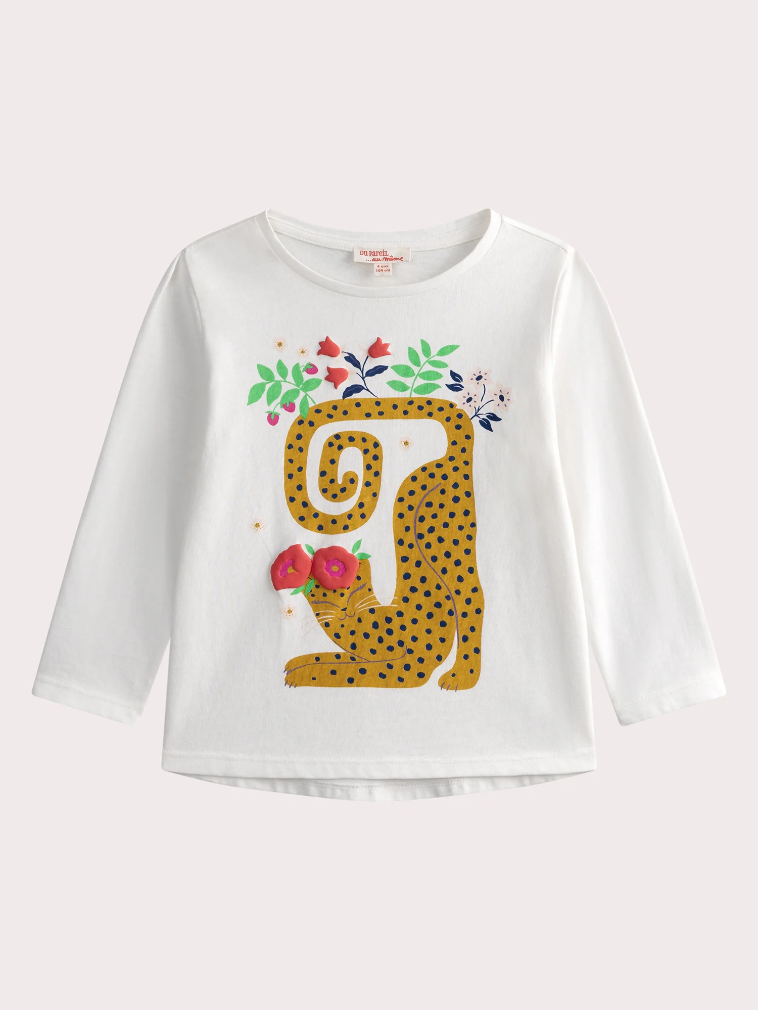 T-shirt écru manches longues animation léopard