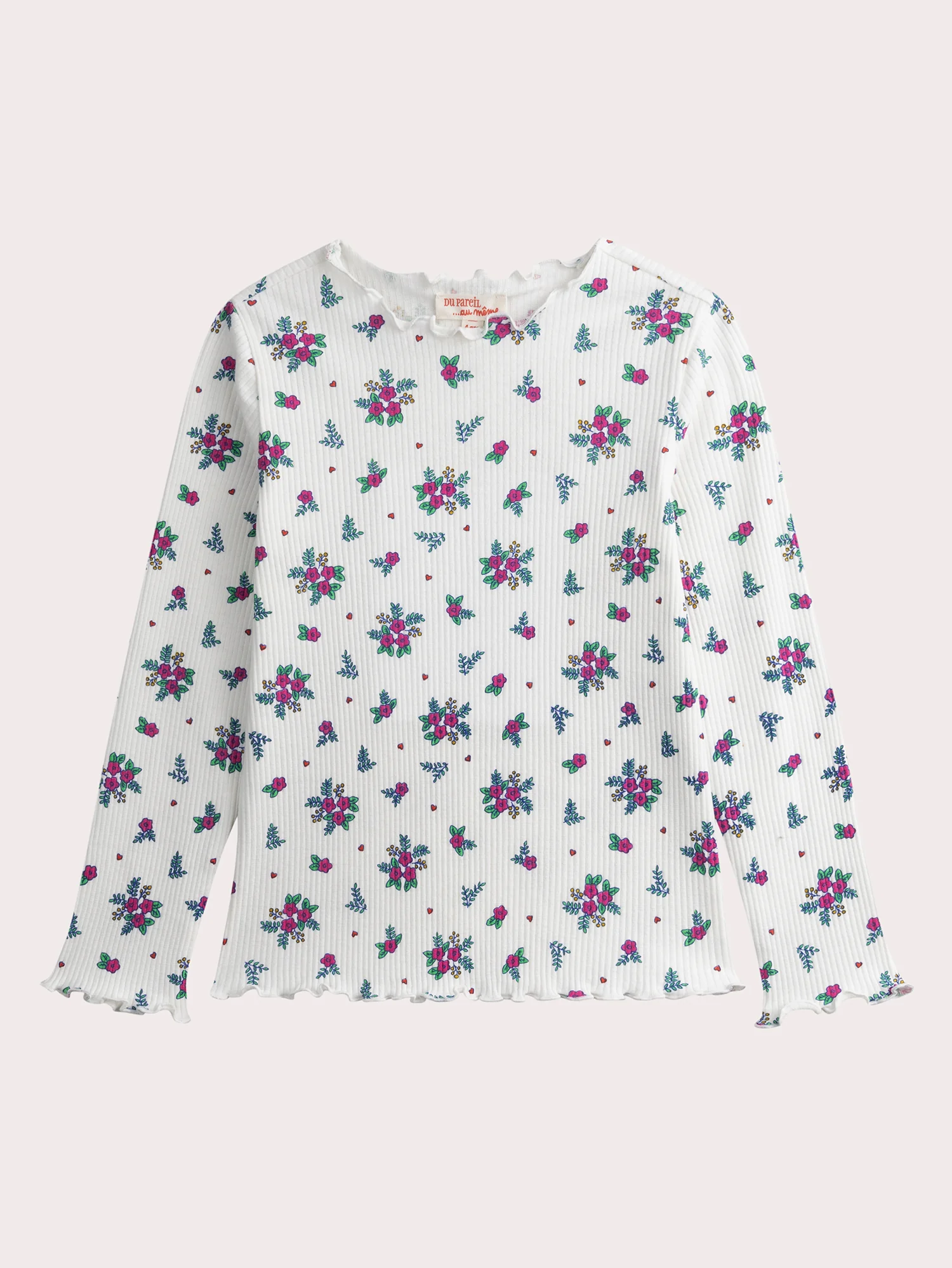 T-shirt écru manches longues en côte imprimé fleuri