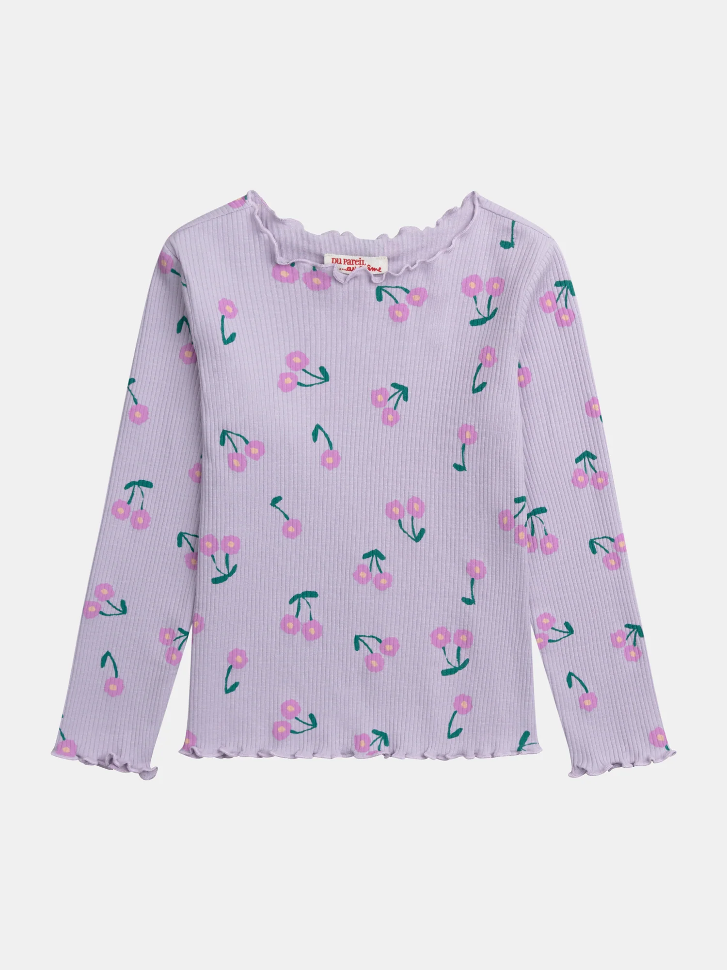 T-shirt en côte manches longues bords ondulés imprimé fleurs