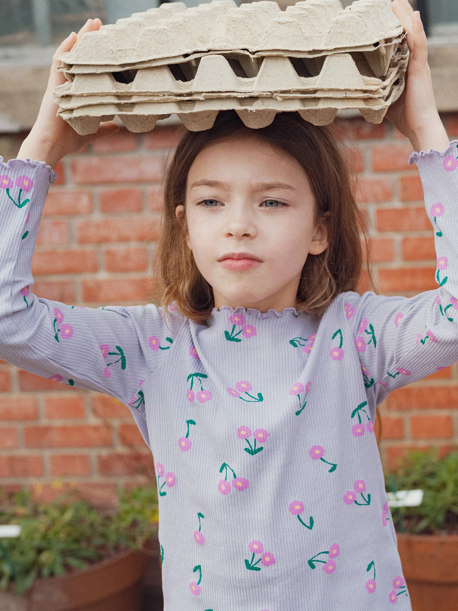T-shirt en côte manches longues bords ondulés imprimé fleurs - Image 2