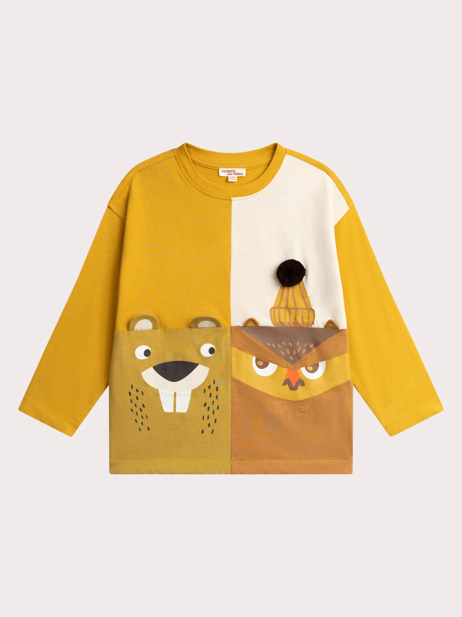 T-shirt jaune animation hibou et castor pour garçon