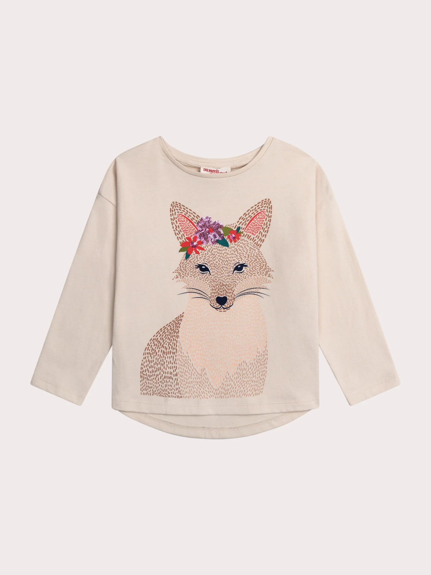 T-shirt manches longues écru avec animation renard à sequins