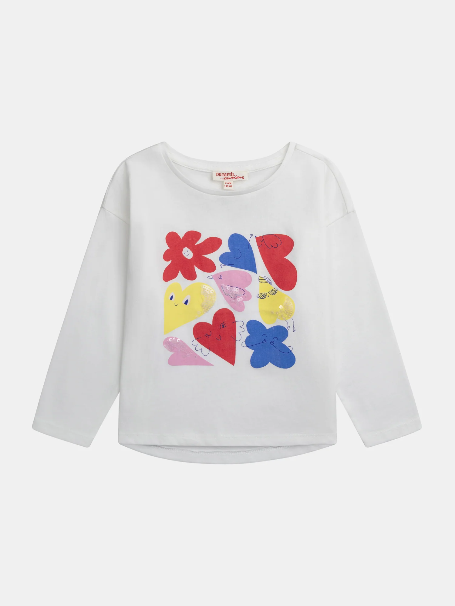 T-shirt manches longues écru et animation colorée pour fille