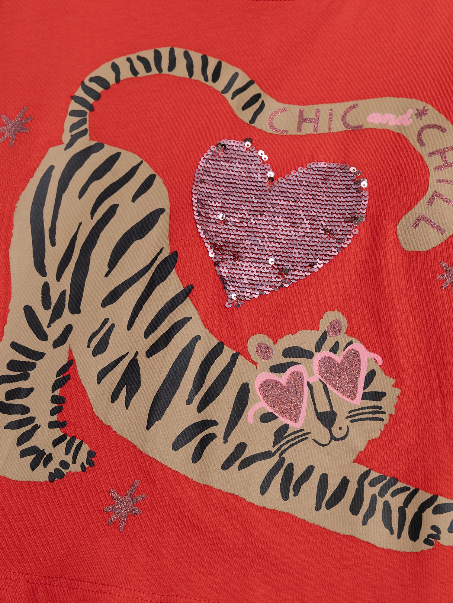 T-shirt manches longues rouge animation tigre et coeur sequins magiques - Image 3