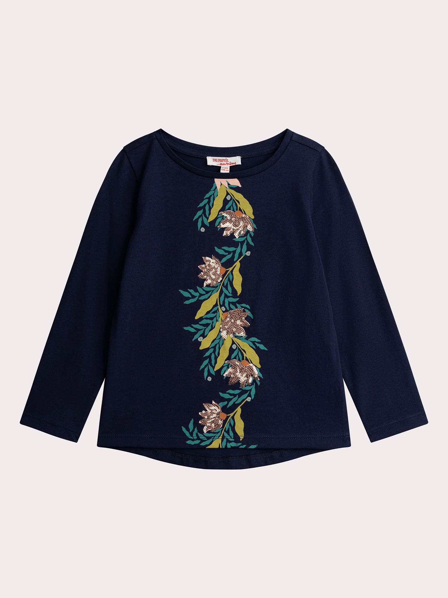 T-shirt marine fleurs en sequins rose pour fille