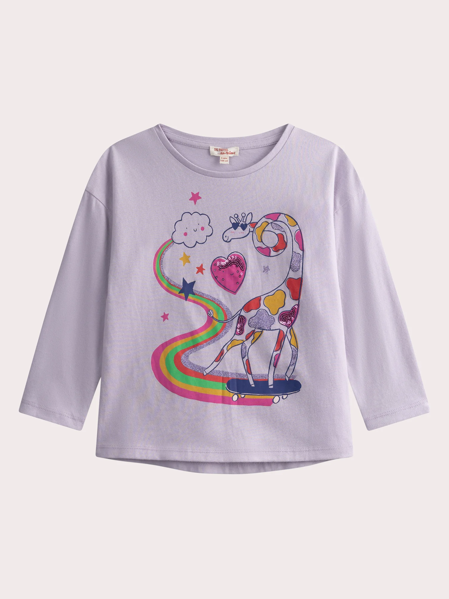 T-shirt mauve manches longues animation girafe