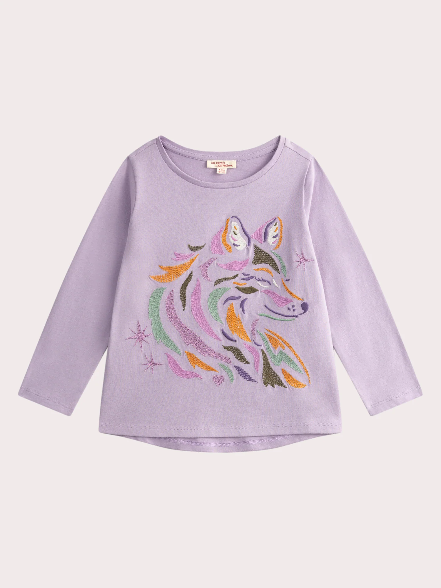 T-shirt violet animation loup avec broderies pour fille