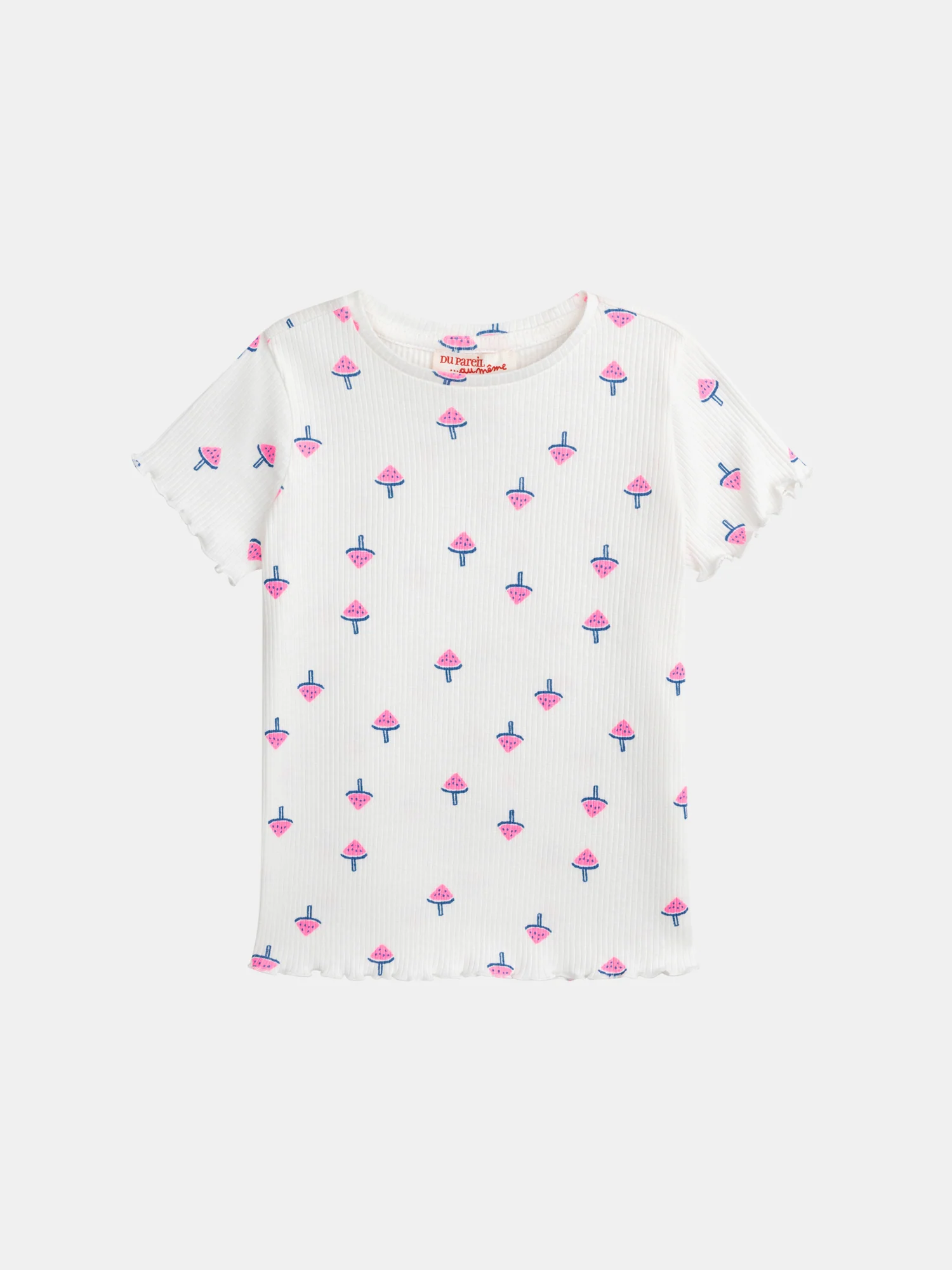 T-shirt en côte écru imprimé glace pastèque pour fille