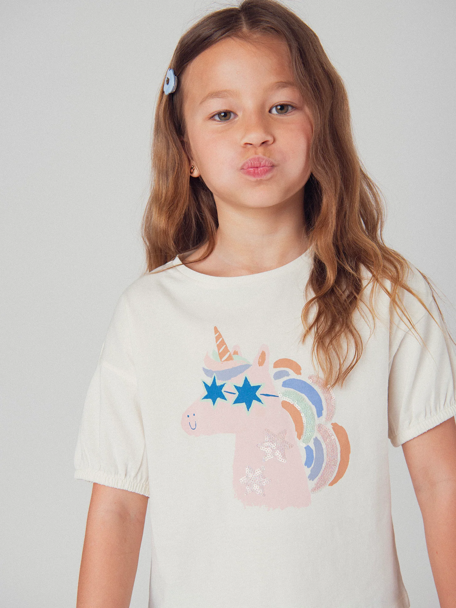 T-shirt écru animation tête de licorne pour fille - Image 3
