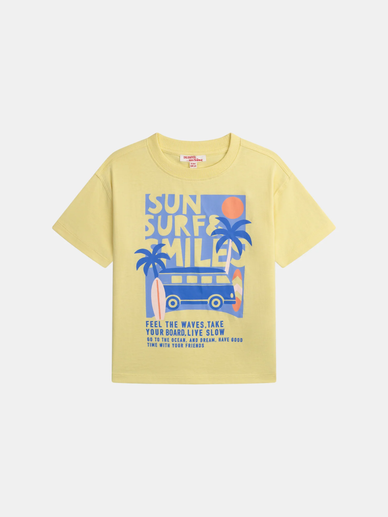 T-shirt jaune animation van et surf pour garçon
