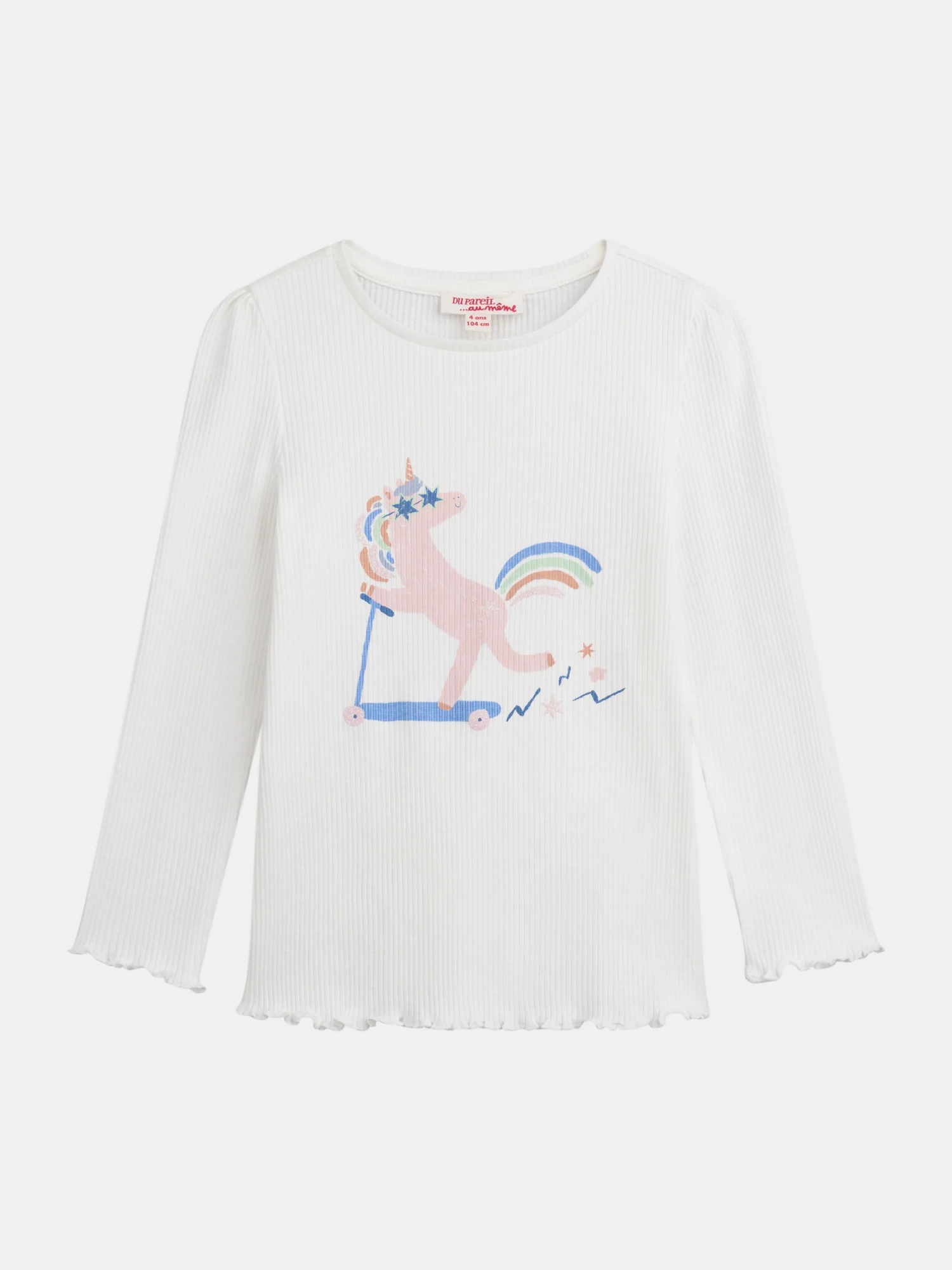 T-shirt écru côtelé animation licorne pour fille
