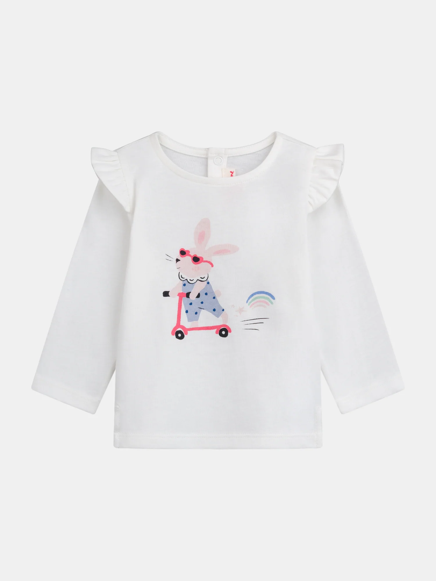 Tee-shirt écru à volants "Lapin à trottinette" pour bébé fille